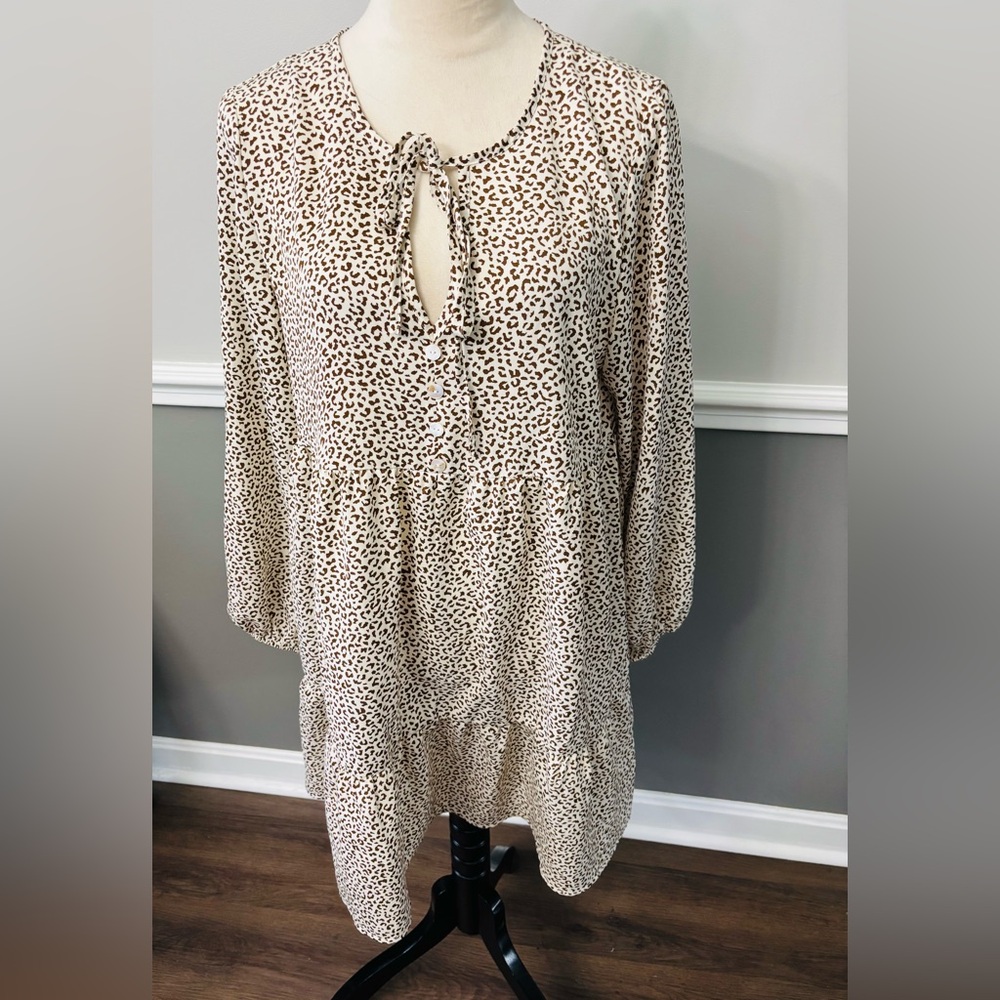 Tempting Leopard Print Tie-Neck Tunic Dress - Cream & Brown